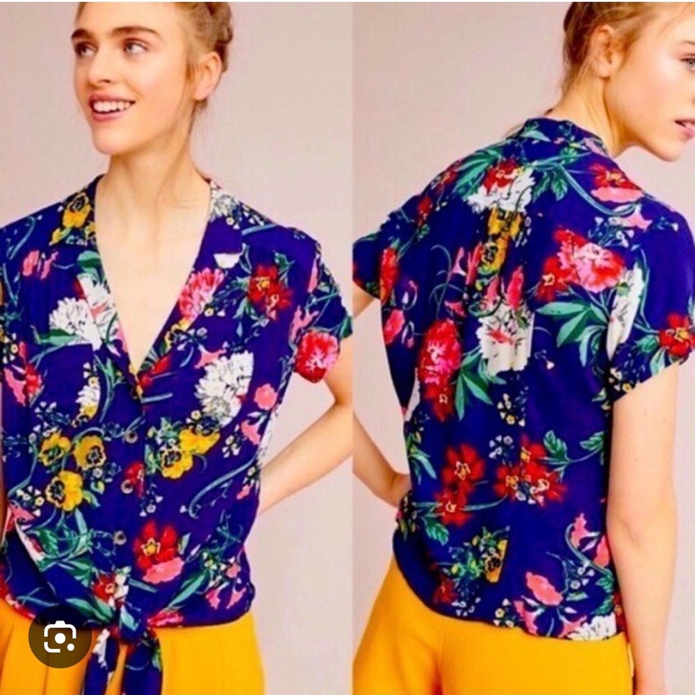 Anthropologie Maeve Floral Tie-Front Blouse in Blue